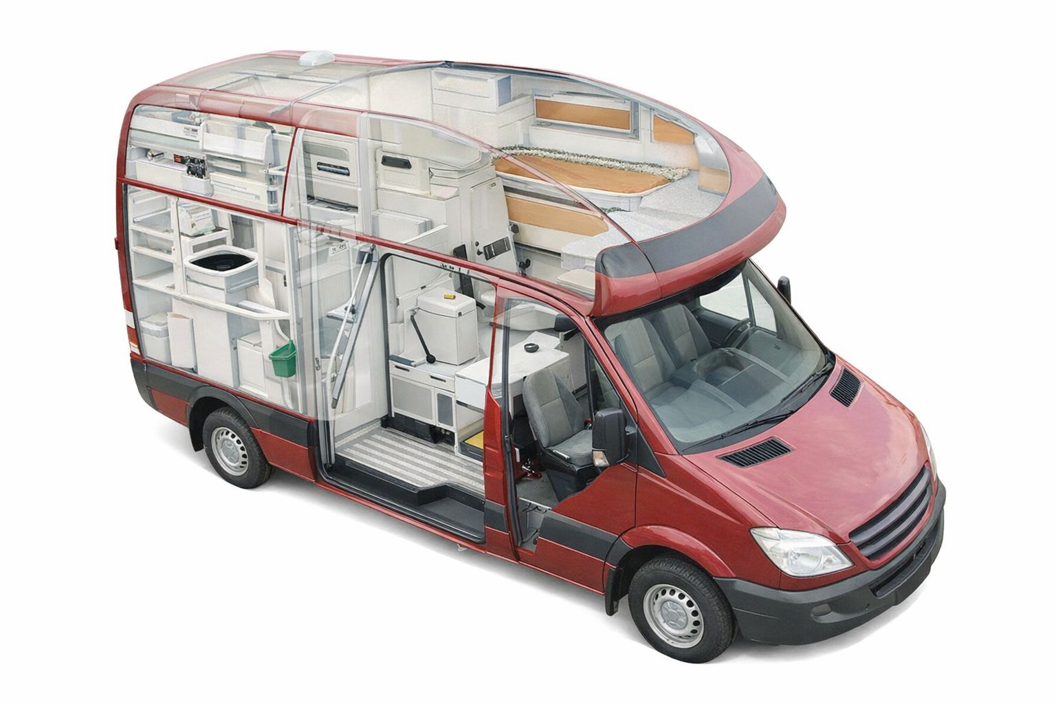 Gjennomsiktig illustrasjon av en rød varebil med komplekst innredningssystem.